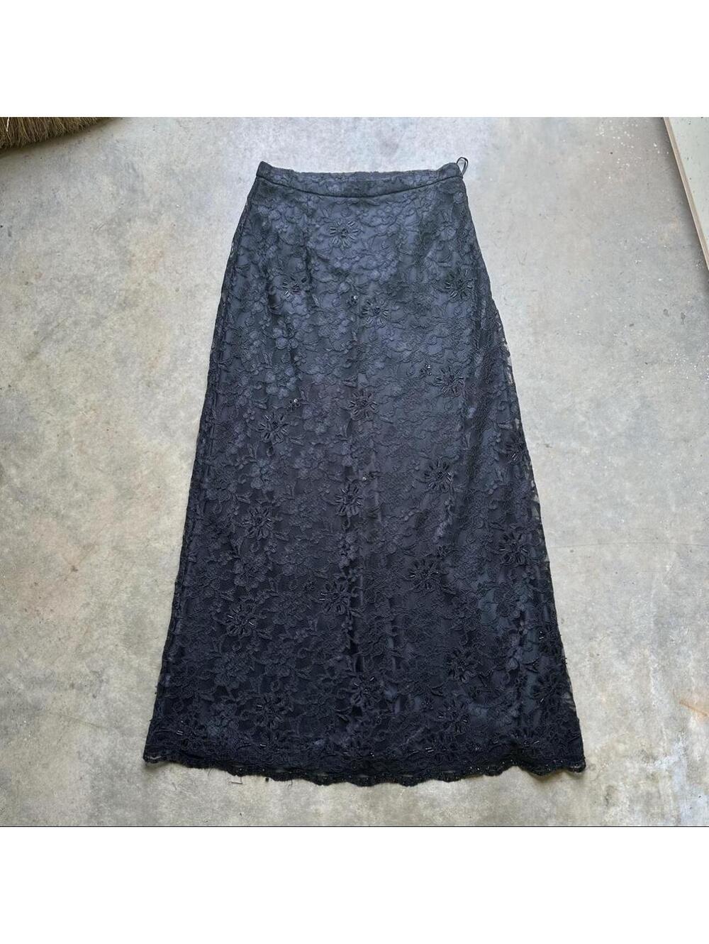 Sandra Darren black lace maxi skirt with floral embroidery, size 8